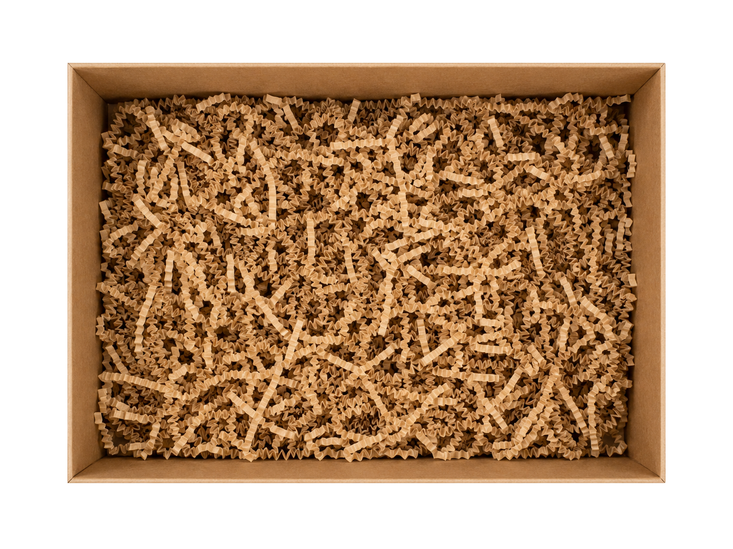 Open kraft gift box filled with crinkle paper